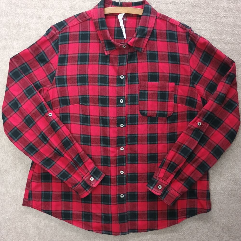 NY Collection Top Womens XL Black Red Plaid Shirt Button Up L/S Flannel Cotton